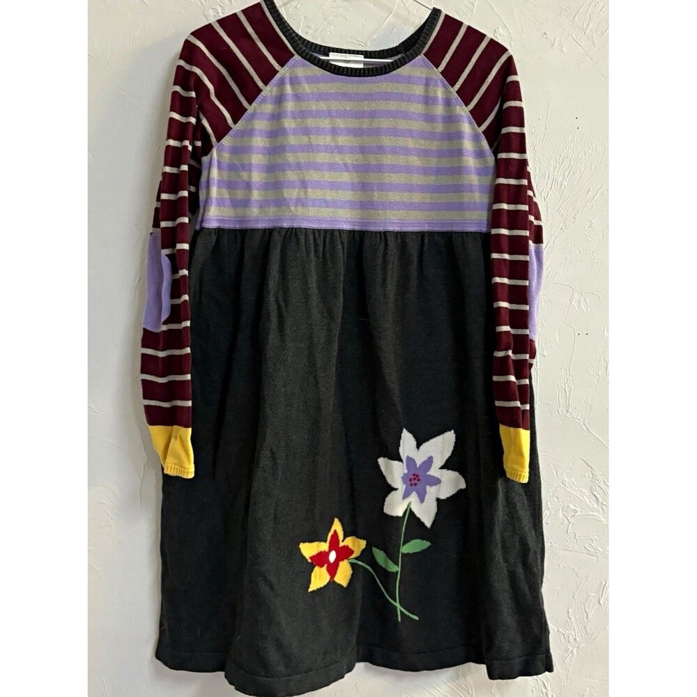 Hanna Andersson Girls Striped Floral A-Line Knit Dress Long Sleeve Sz 14/16